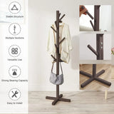 Brown Solid Wood Coat Rack Stand for Entryway - Sturdy Hat and Clothes Hanger - Front View