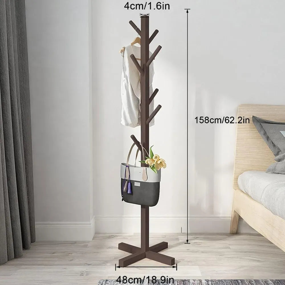 Brown Solid Wood Coat Rack Stand for Entryway - Sturdy Hat and Clothes Hanger