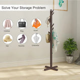 Brown Solid Wood Coat Rack Stand for Entryway - Sturdy Hat and Clothes Hanger - Close-Up Angle