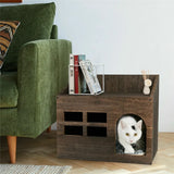 Large Solid Wooden Cat House in Deep Brown with Soft Cushion, 47.3x35x42cm - Front View