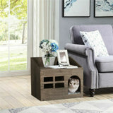 Large Solid Wooden Cat House in Deep Brown with Soft Cushion, 47.3x35x42cm - Side View