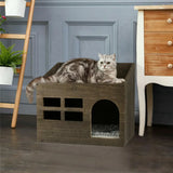 Large Solid Wooden Cat House in Deep Brown with Soft Cushion, 47.3x35x42cm - 45-Degree Angle