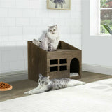 Large Solid Wooden Cat House in Deep Brown with Soft Cushion, 47.3x35x42cm - Rear View