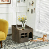 Large Solid Wooden Cat House in Deep Brown with Soft Cushion, 47.3x35x42cm - Close-Up Angle