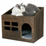 Large Solid Wooden Cat House in Deep Brown with Soft Cushion, 47.3x35x42cm - Low Angle