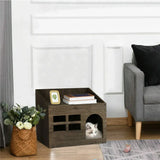 Large Solid Wooden Cat House in Deep Brown with Soft Cushion, 47.3x35x42cm - Extra Image