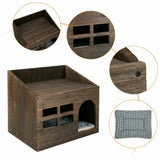 Large Solid Wooden Cat House in Deep Brown with Soft Cushion, 47.3x35x42cm - Extra Image