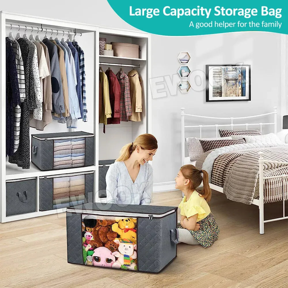 Large Navy Blue Quilt Storage Bags 60x40x35cm - 2-Pack Non-Woven Fabric Organiser with Zipper
