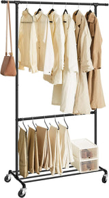 Industrial Clothing Rack Wheels Double Rod - Front View