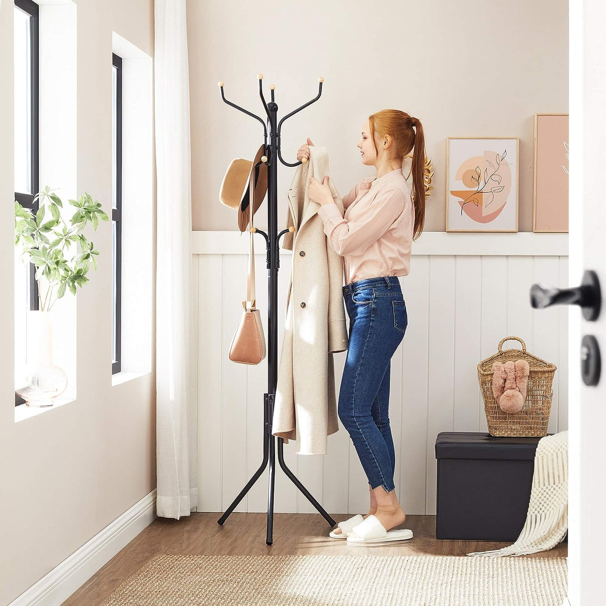 Stylish Black Metal Coat Rack with 12 Hooks and Space-Saving Design, 182cm