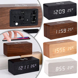Modern Wooden LED Desk Clock with Qi Charger - Front View