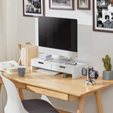 Adjustable White Monitor Stand with Dual Drawer Storage - Front View