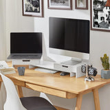 Adjustable White Monitor Stand with Dual Drawer Storage - Top-Down View