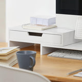 Adjustable White Monitor Stand with Dual Drawer Storage - Close-Up Angle