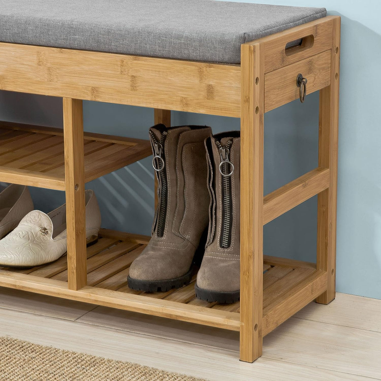 Bamboo Storage Bench with Lift Top and Drawers
