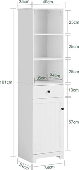 Modern White Tall Storage Cabinet with 3 Shelves and Drawer - Side View