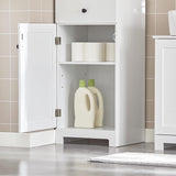 Modern White Tall Storage Cabinet with 3 Shelves and Drawer - Close-Up Angle