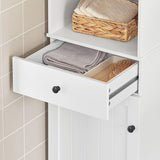 Modern White Tall Storage Cabinet with 3 Shelves and Drawer - Low Angle