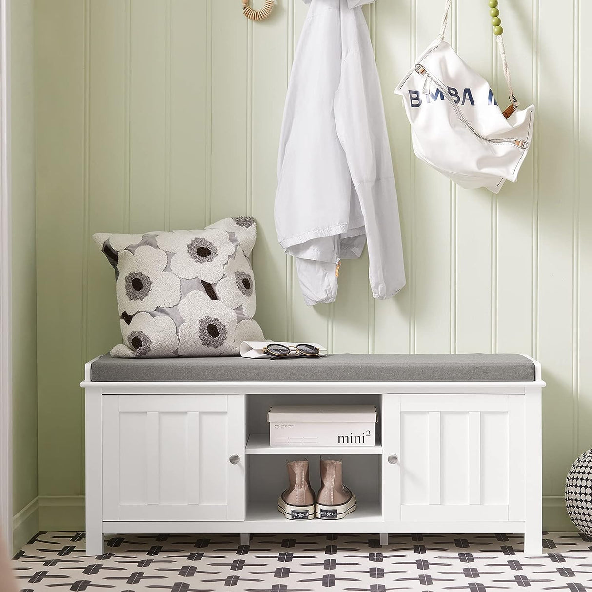 White Storage Bench with Removable Cushion