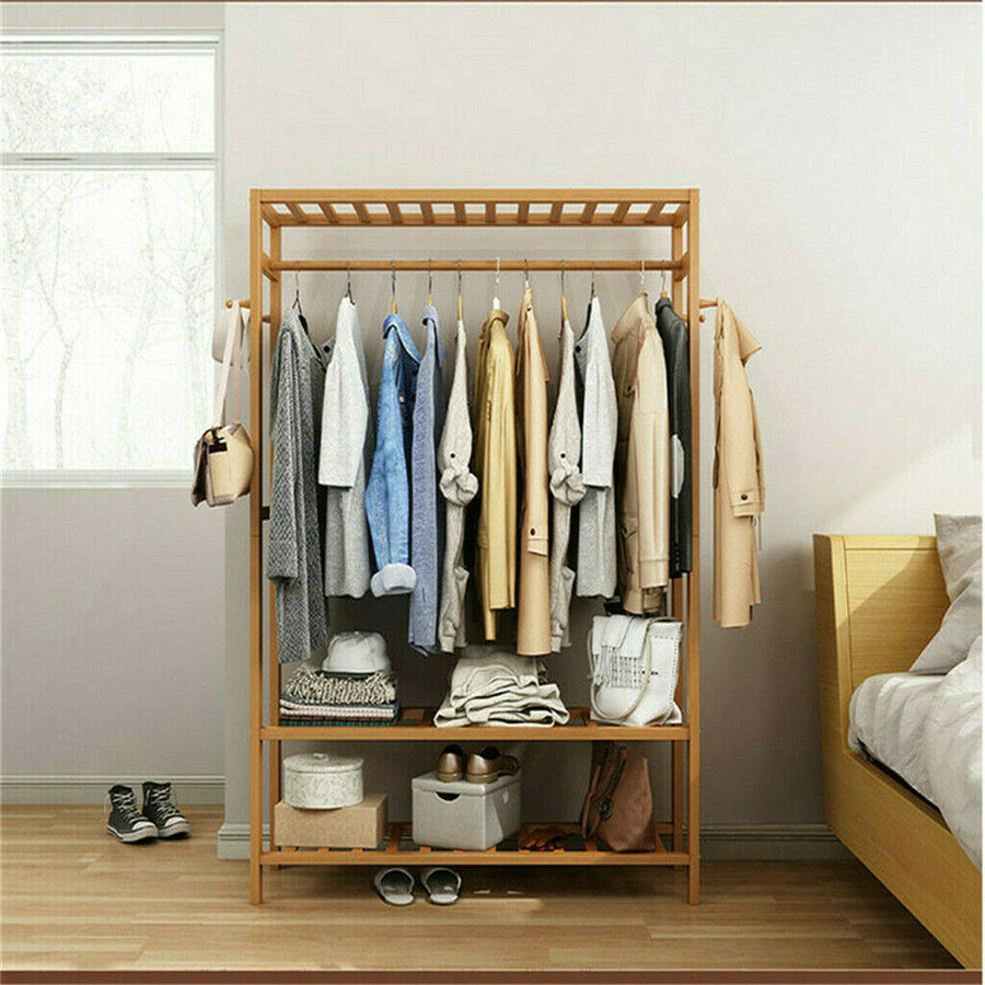 3-Tier Wooden Clothes Rack Rolling Garment Stand w/ Hooks, image 2
