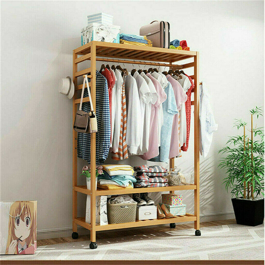3-Tier Wooden Clothes Rack Rolling Garment Stand w/ Hooks, image 3