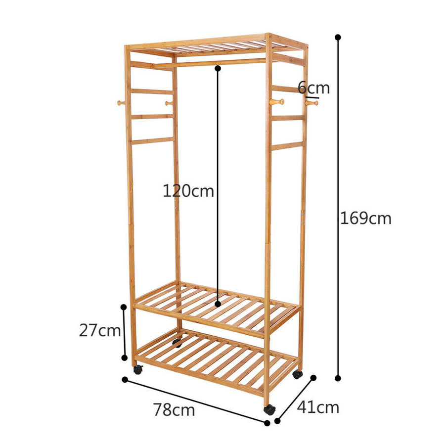 3-Tier Wooden Clothes Rack Rolling Garment Stand w/ Hooks, image 6