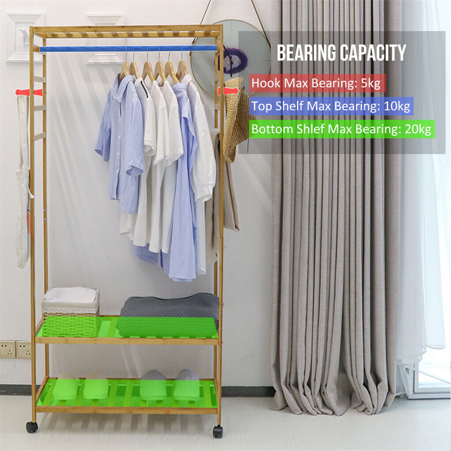 3-Tier Wooden Clothes Rack Rolling Garment Stand w/ Hooks, image 7