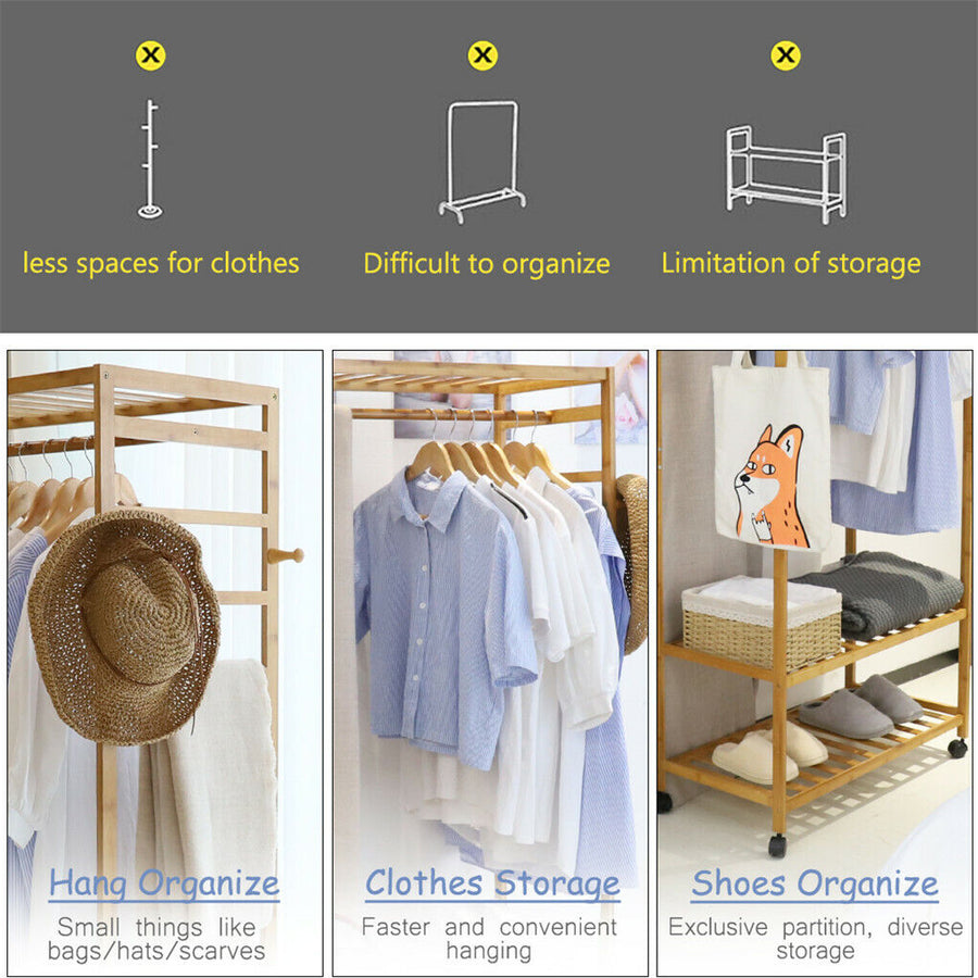 3-Tier Wooden Clothes Rack Rolling Garment Stand w/ Hooks, image 8