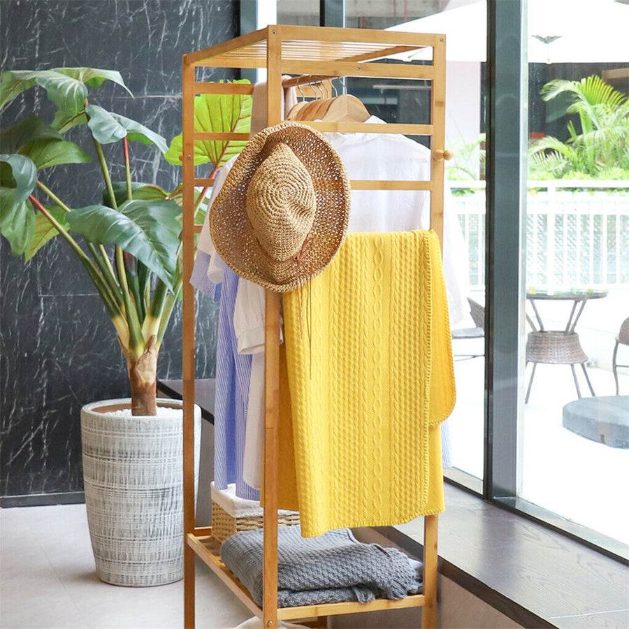 3-Tier Wooden Clothes Rack Rolling Garment Stand w/ Hooks, image 9