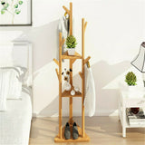 Bamboo Coat Rack Stand with Umbrella Holder - Hanging Storage - Front View