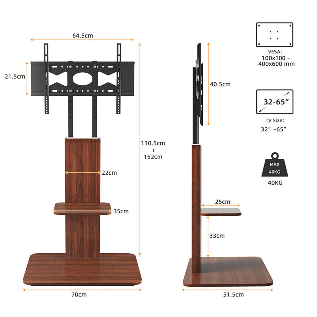 Heavy Duty TV Floor Stand Adjustable Mount 65 Black Brown