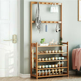 Bamboo 5-Tier Hat Coat Shoe Rack Entryway Bench Hanger Storage - Side View