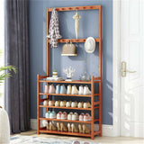 Bamboo 5-Tier Hat Coat Shoe Rack Entryway Bench Hanger Storage - Rear View