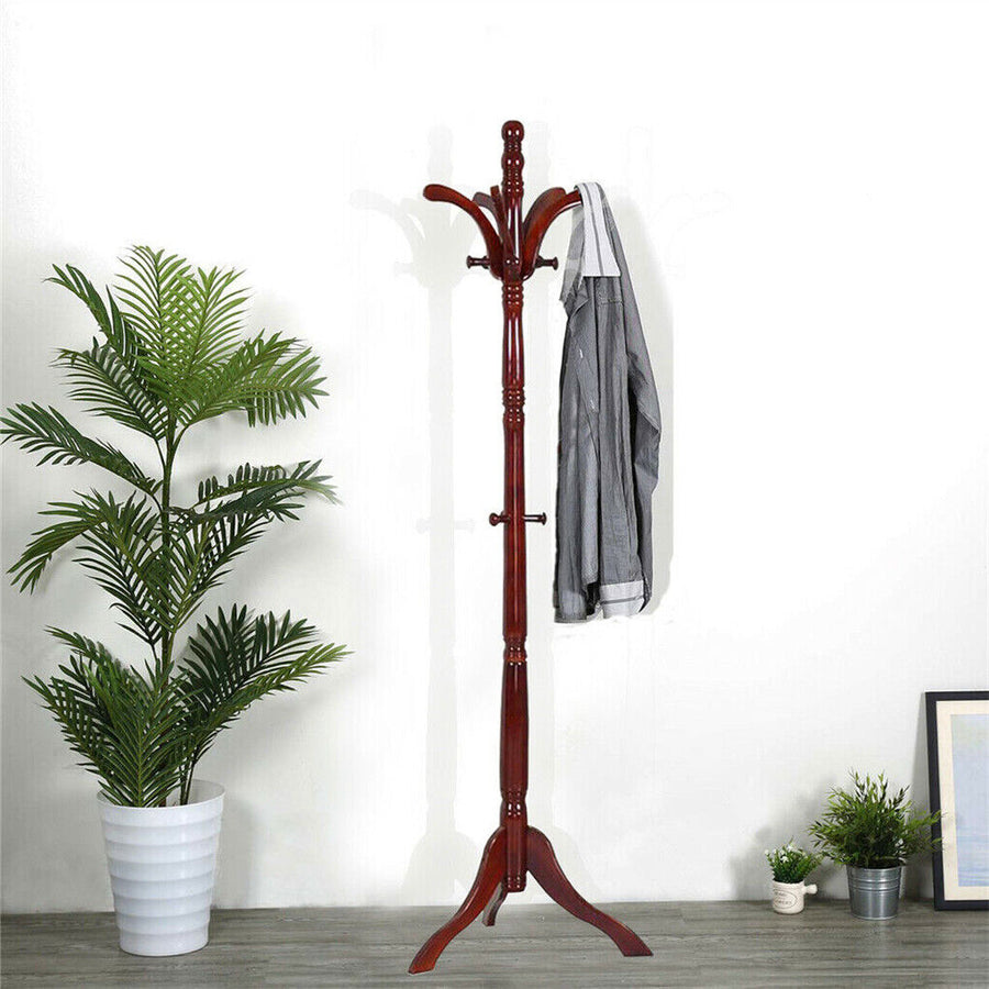 Birch Wood Coat Rack Stand Adjustable Hall Tree Entryway