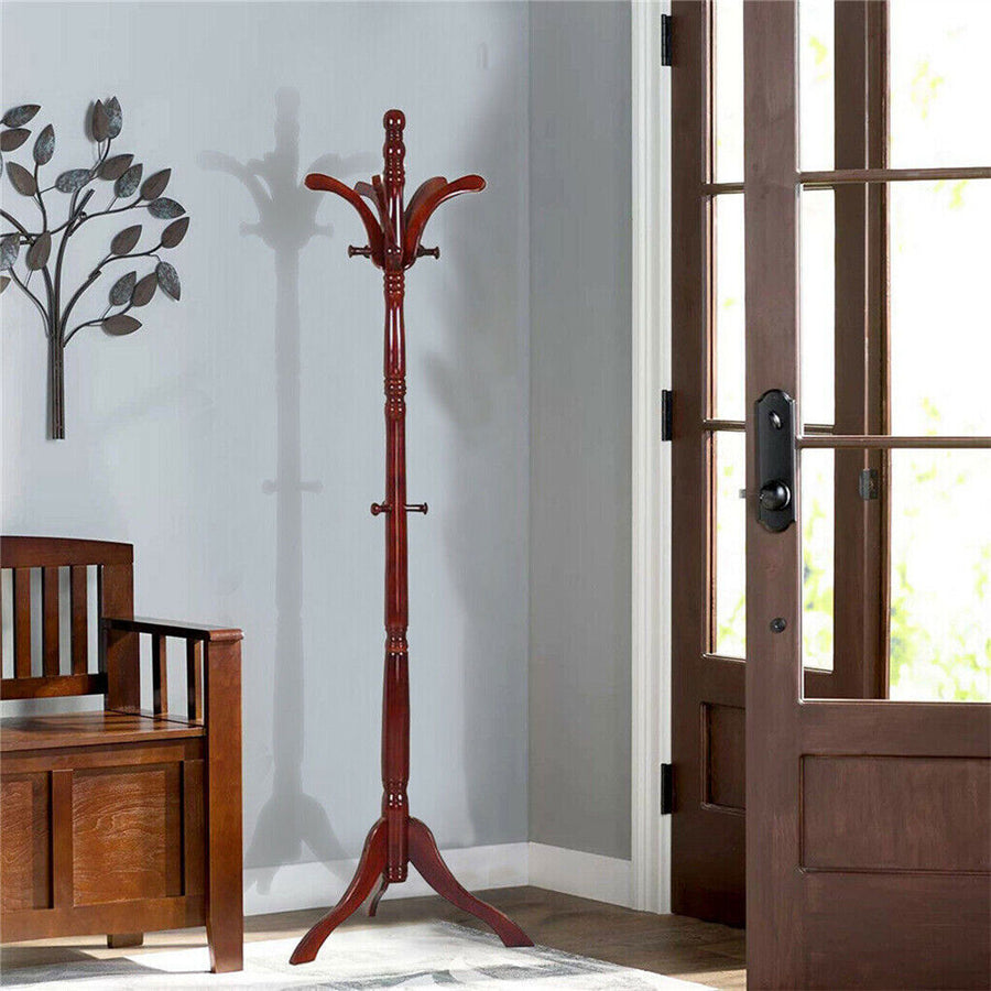 Birch Wood Coat Rack Stand Adjustable Hall Tree Entryway