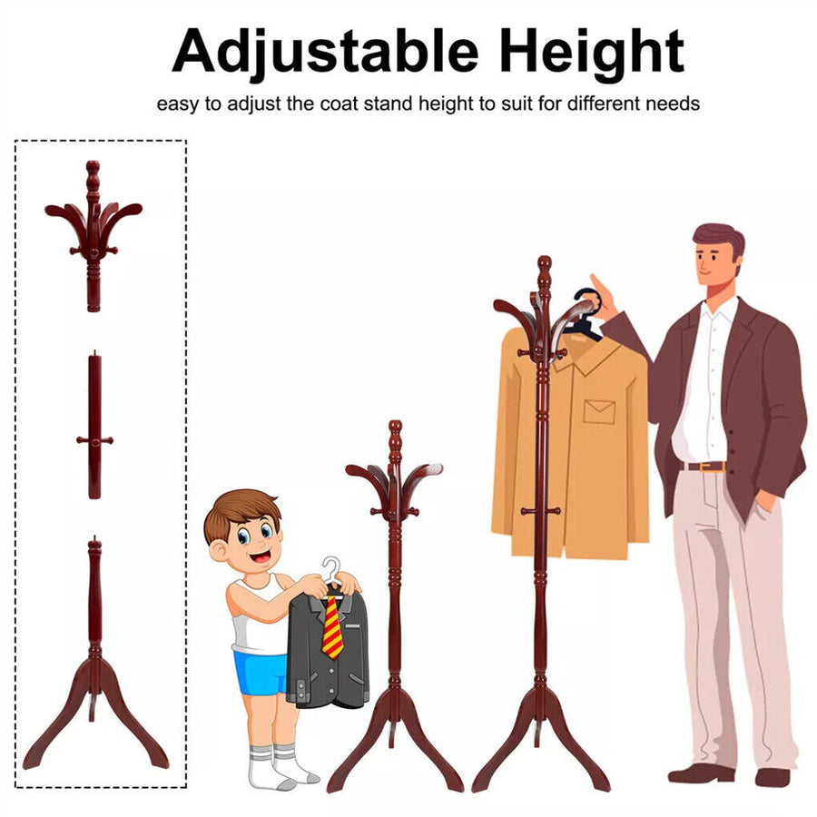Birch Wood Coat Rack Stand Adjustable Hall Tree Entryway