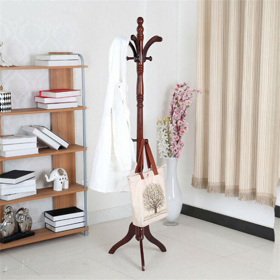 Birch Wood Coat Rack Stand Adjustable Hall Tree Entryway