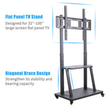 Rolling TV Stand 32-100 w/ Adjustable Mount & 2-Tier Shelf - Low Angle