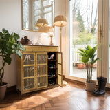 XXL 4-Tier Bamboo Shoe Rack Cabinet with Doors, Drawers - Low Angle