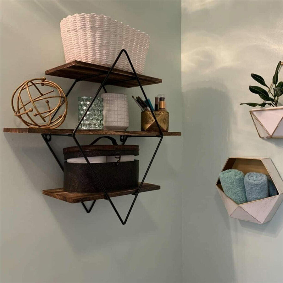 3-Tier Rustic Floating Wall Shelves Wood Display Books