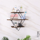 3-Tier Rustic Floating Wall Shelves Wood Display Books - Rear View