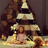 Kids Teepee Tent Linen Wood Black White Stripe Playhouse Indoor Garden - Front View