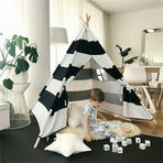 Kids Teepee Tent Linen Wood Black White Stripe Playhouse Indoor Garden