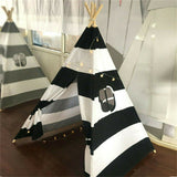 Kids Teepee Tent Linen Wood Black White Stripe Playhouse Indoor Garden - Top-Down View