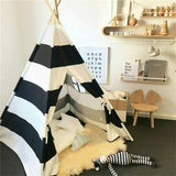 Kids Teepee Tent Linen Wood Black White Stripe Playhouse Indoor Garden - 45-Degree Angle