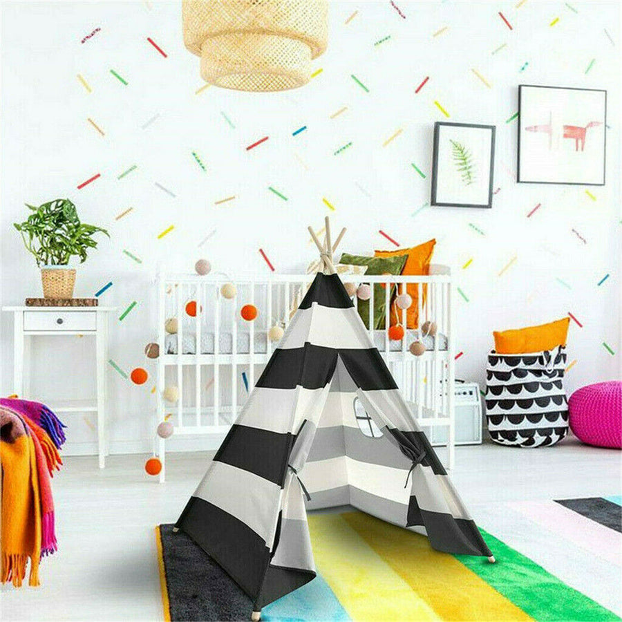 Kids Teepee Tent Linen Wood Black White Stripe Playhouse Indoor Garden