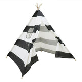 Kids Teepee Tent Linen Wood Black White Stripe Playhouse Indoor Garden - Close-Up Angle