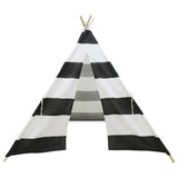 Kids Teepee Tent Linen Wood Black White Stripe Playhouse Indoor Garden - Low Angle