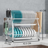 2 Tier Silver Kitchen Dish Rack Drainer 41cm High 25cm Long - Front View