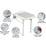 Wall-Mount Foldable Shower Chair, Adjustable, Non-Slip Feet - Rear View